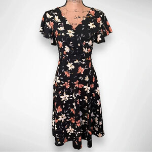 LAMILUS Women’s V-neck Floral Short Sleeve Faux Wrap Midi Dress Small | NWOT